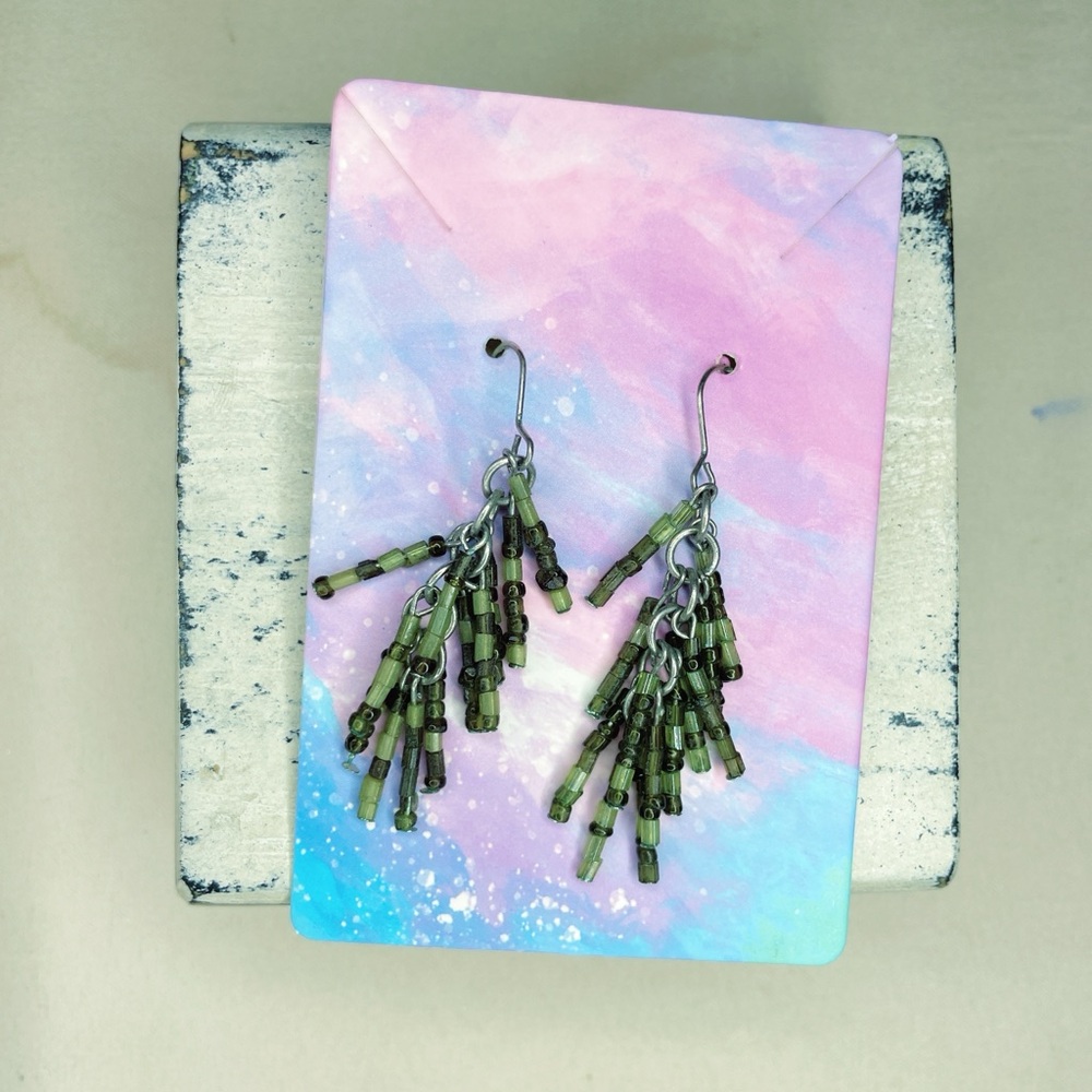 4385u. Handmade Green Beaded Dangle Earrings